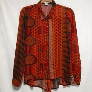 Sans Souci Sheer Blouse Geometric‎ Print Long Sleeve Button Down M
